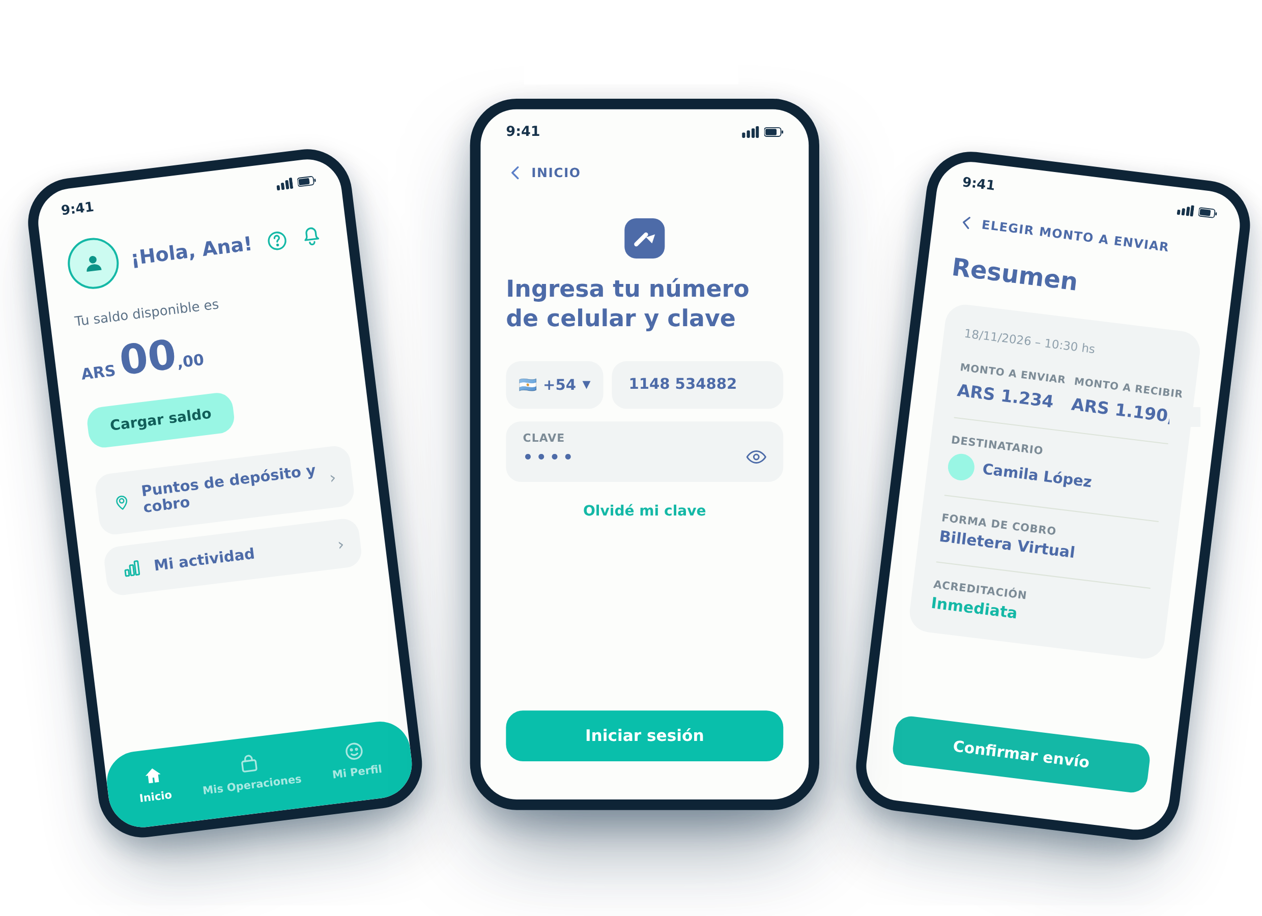 Mockup de interfaz de app, pantallas de inicio, login y resumen